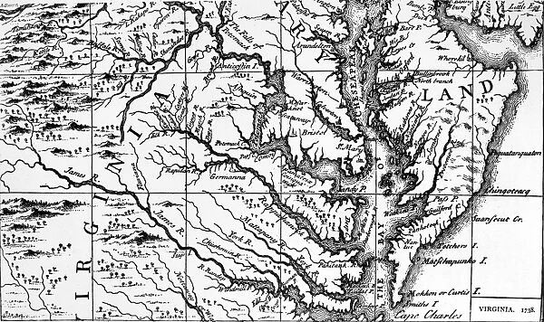 VIRGINIA: MAP, 1738. Map of colonial Virginia. Line engraving after a drawing of 1738