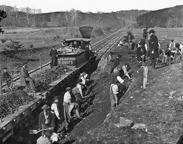 VIRGINIA: RAILROAD, c1861. Construction of the Aquia Creek and Fredericksburg Railroad in Virginia. Photograph by Mathew Brady, c1861