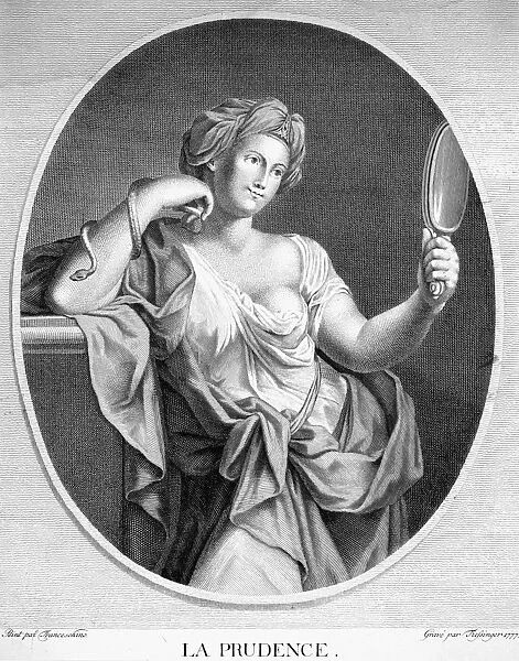 VIRTUES: PRUDENCE, 1777. An allegory of Prudence. Copper engraving, French, 1777