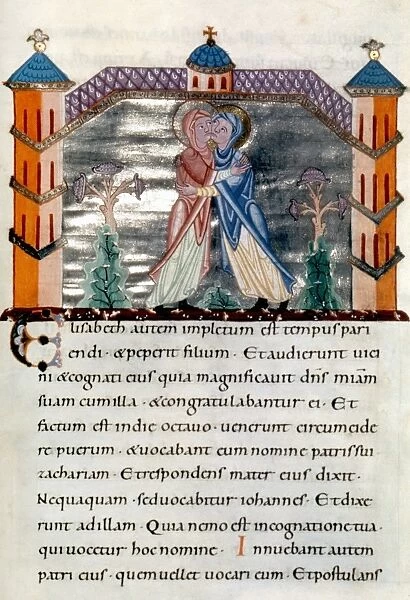 THE VISITATION. Illumination from a Gospel, early 11th century, Salzburg
