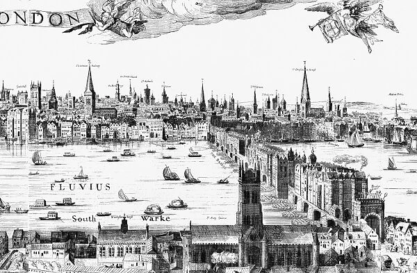 VISSCHER: LONDON, 1616. Detail from Claes Jansz Visschers 1616 view of London, showing London Bridge astride the River Thames