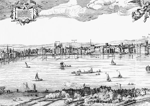 VISSCHER: LONDON, 1616. Detail from Claes Jansz Visschers 1616 view of London, showing the Swan Theatre on the south bank of the River Thames