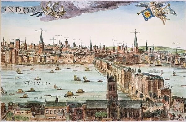VISSCHER: LONDON, 1616. Detail from Cornelius Visschers 1616 view of London, showing London Bridge, at right astride the river Thames