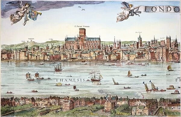 VISSCHER: LONDON, 1616. Detail from Cornelius Visschers 1616 view of London, showing the Globe Theatre on the south bank of the river Thames