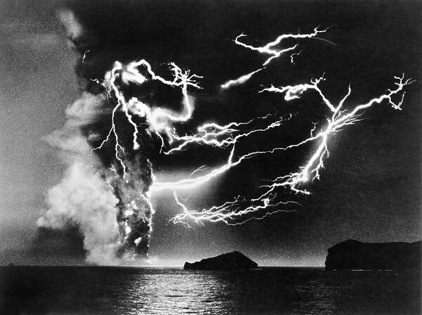 VOLCANIC LIGHTNING, 1963. Lightning in the clouds above the Surtsey volcano, off the southern coast of Iceland. Photographed by Sigurgeir Jonasson, December 1963
