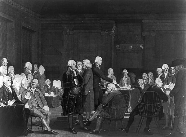 VOTING INDEPENDENCE, 1776. The Continental Congress voting in favor of independence, 1776. Copper engraving by Edward Savage, early 19th century, after a painting by Robert Edge Pine