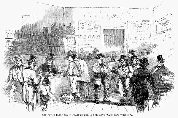 VOTING IN NEW YORK, 1858. New Yorkers, predominantly Irish immigrants, casting their ballots in the 1858 elections at a saloon in Pearl Street. Wood engraving from an American newspaper of 1858