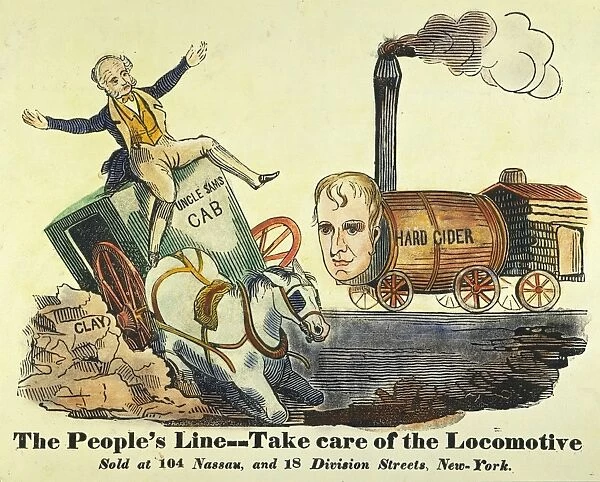 W. H. HARRISON: CARTOON, 1840. The Peoples Line--Take care of the Locomotive. An 1840 presidential campaign cartoon showing a Hard Cider barrel locomotive with Harrisons head bearing down on Martin Van Buren, whose cab has broken down over (Henry) Clay rocks
