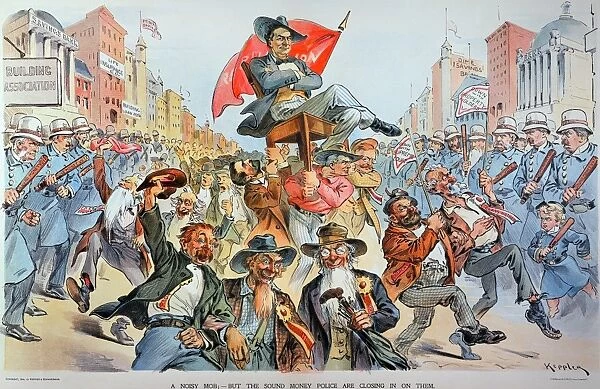 W. J. BRYAN CARTOON, 1896. A Noisy Mob - But the Sound Money Police are Closing in on Them : cartoon, 1896, by Joseph Keppler, Jr showing William Jennings Bryan as the leader of a mob of Populists, Free Silverites, and anarchists