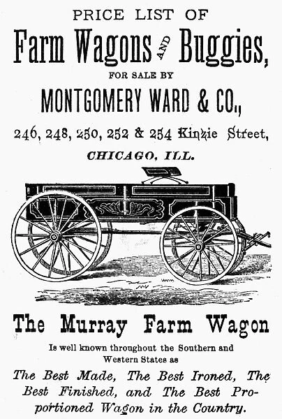 WAGON ADVERTISEMENT, 1875. Page introducing a section on wagons and buggies from a Montgomery Ward & Company catalog of 1875, featuring an advertisement for the Murray Farm Wagon