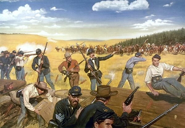 WAGON BOX FIGHT, 1867. The 9th Infantry of the U. S. Army battling a band of Sioux Native Americans from behind wagon boxes at the Wagon Box Fight near Fort Philip Kearny, Wyoming, 2 August 1867. Painting by H. Charles McBarron, Jr