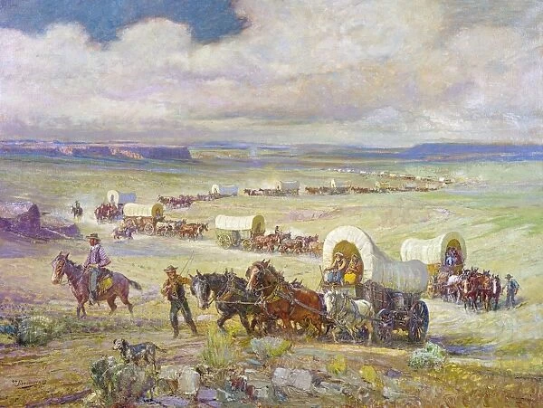 WAGON TRAIL. A wagon train of settlers crossing the plains of the American West