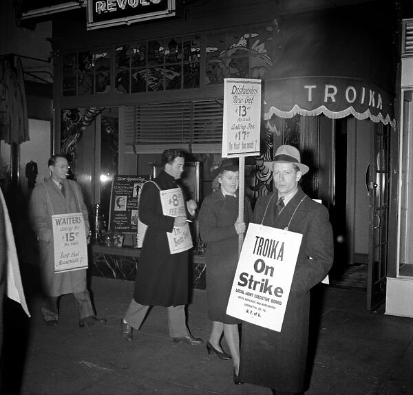 WAITERS STRIKE, 1941. Striking waiters picketing outside a nightclub in Washington D