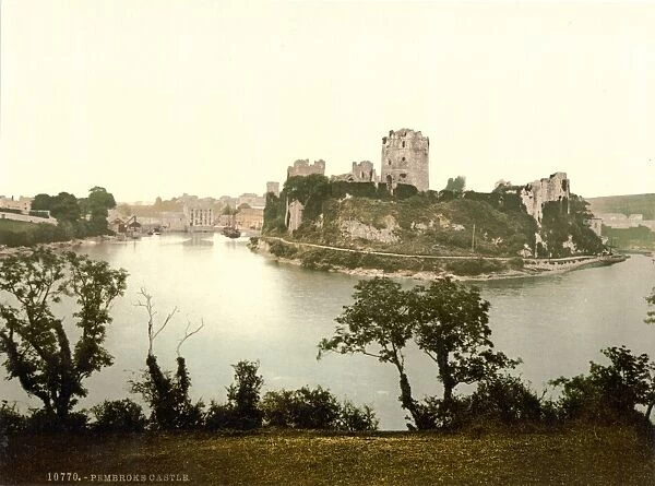 WALES: PEMBROKE CASTLE. The medieval castle at Pembroke, Wales. Photochrome, 1890s