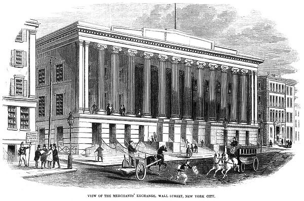 WALL STREET, 1852. Merchants Exchange. Wood engraving, 1852