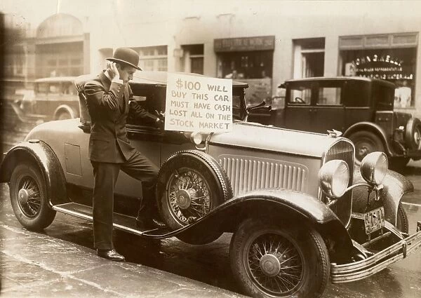 WALL STREET CRASH, 1929. An unlucky speculator, one Walter Thornton of New York, offering to sell his roadster, October 30, 1929