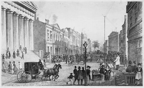WALL STREET, NEW YORK CITY seen from the corner of Broad Street. Steel engraving, mid-19th century