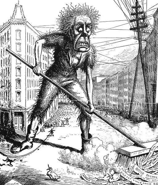 WALL STREET PANIC, 1873. Panic as a health officer, sweeping the garbage out of Wall Street