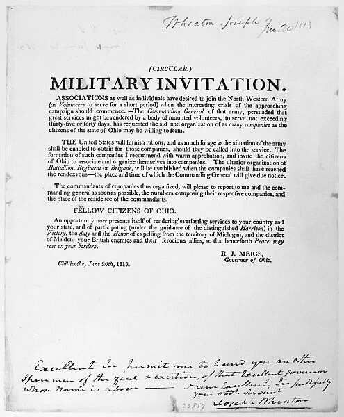 WAR OF 1812: ENLISTMENT. Military Invitation. Broadside from the governor of Ohio
