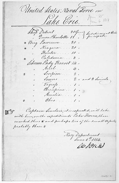 WAR OF 1812: LAKE ERIE. Listing of the US Naval force on Lake Erie, 6 June 1814