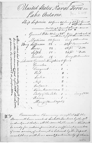WAR OF 1812: LAKE ONTARIO. Listing of the US Naval force on Lake Ontario, 6 June 1814