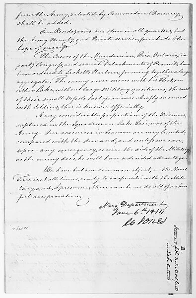 WAR OF 1812: LAKE ONTARIO. Last page of a statement from the Navy Department