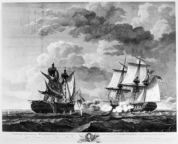 WAR OF 1812: NAVAL BATTLE. The defeat and capture of HMS Macedonian by USS United States under the command of Captain Stephen Decatur, 25 October 1812. Line engraving by Benjamin Tanner after William Birch and Son, c1813