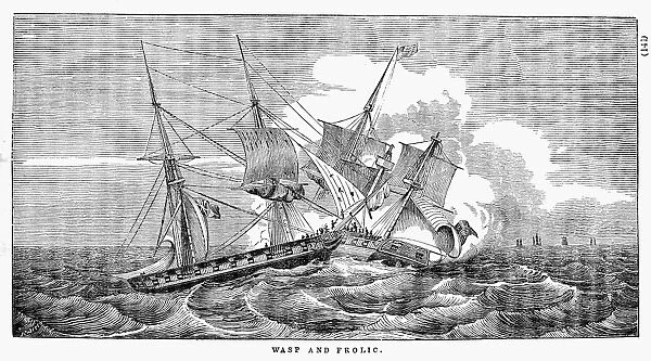 WAR OF 1812: NAVAL BATTLE. The engagement between the American sloop-of-war Wasp, under the command of Jacob Jones, and the British brig Frolic, 18 October 1812. Line engraving, 1816