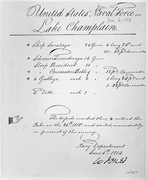 WAR OF 1812: US NAVY, 1814. List of the US Naval force on Lake Champlain, sent