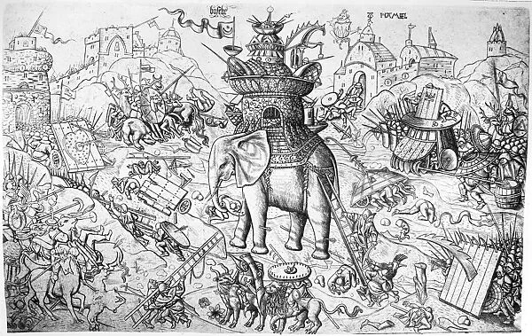WAR ELEPHANT, c1500. Line engraving from Geschichte und kritischer Katalog by Alart du Hameel (1449-1507)