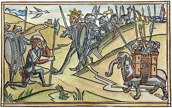 WAR ELEPHANT. I Maccabees vi 30. Woodcut from the Cologne Bible, 1478-80