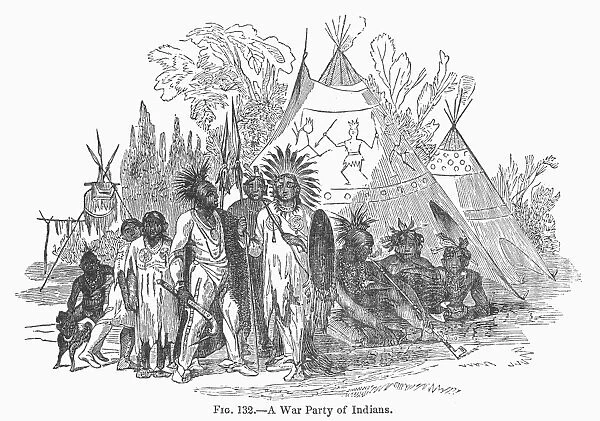 A war party of Native Americans during the American Revolution. Line engraving, 19th century