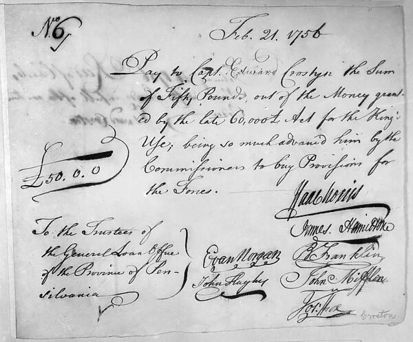 WAR PROVISIONS, 1756. Order to pay for troop provisions, 1756, during the French