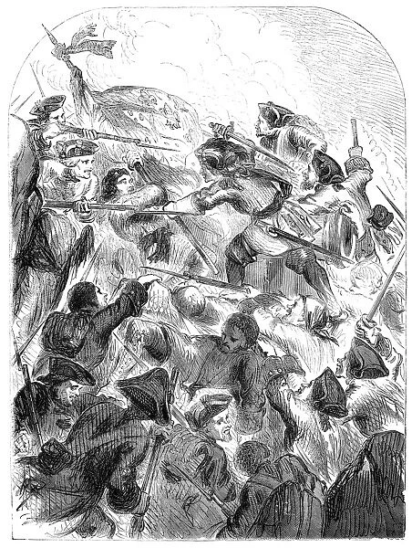 WAR OF SPANISH SUCCESSION. The Battle of Schellenberg, Liechtenstein, 1704. Wood engraving, English, 19th century