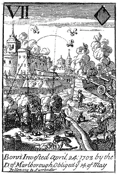 WAR OF SPANISH SUCCESSION. The bombardment of Bonn, Germany, 1703, under the direction of John Churchill, 1st Duke of Marlborough and commander in chief of the Grand Alliances armies during the War of the Spanish Succession. Playing card from a deck published in 1707 at London, England, commemorating Churchills victories