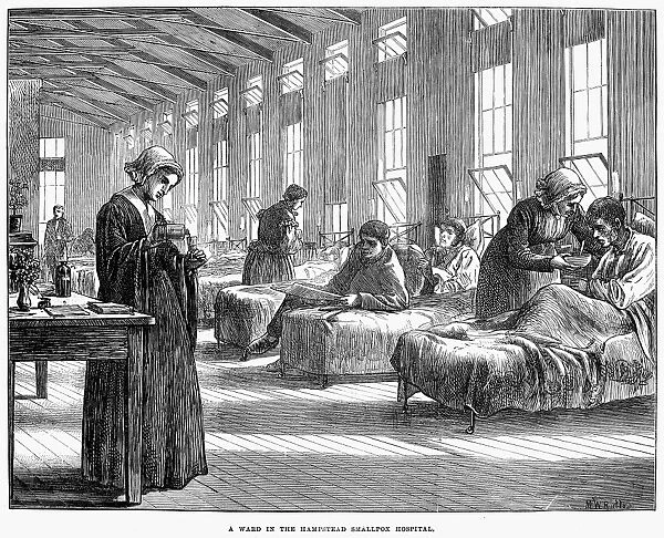 A Ward in the Hampstead Smallpox Hospital. Wood engraving, English, 1871