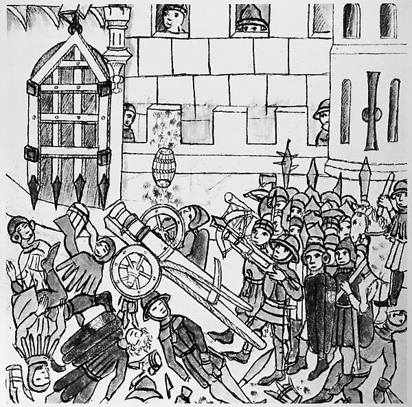 WARFARE, c1450. A wheel-mounted cannon used in battle against a stronghold