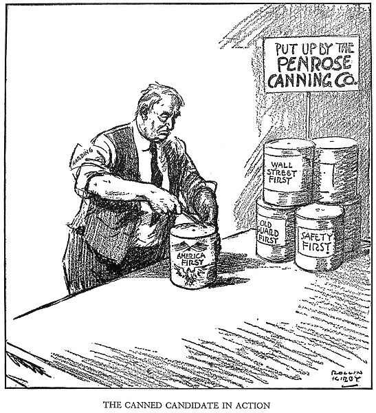 WARREN G. HARDING, 1920. (1865-1923). 29th President of the United States. The Canned Candidate in Action. Cartoon by Rollin Kirby in the New York World, 1 July 1920, on Hardings America First speech of 29 June 1920 in Washington, D. C