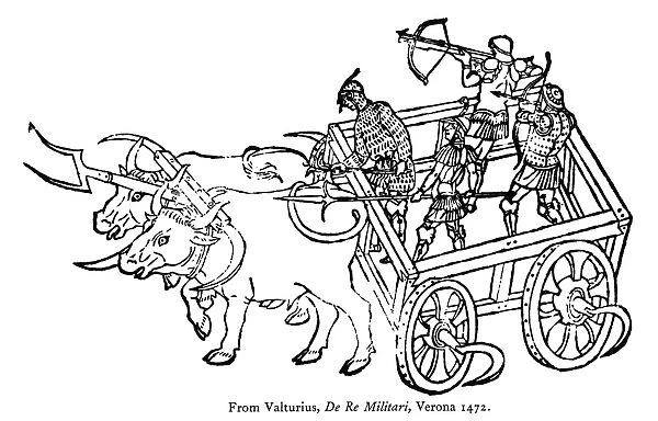 WARRIORS, 1472. Soldiers with spears and crossbows in an armored, ox-drawn cart