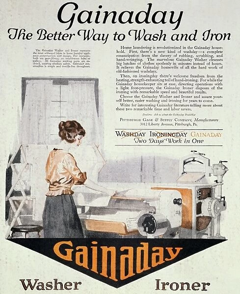 WASHING MACHINE  /  IRONER AD. American magazine advertisement for the Gainaday Washer and Ironer
