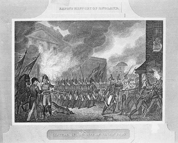 WASHINGTON BURNING, 1814. The burning of Washington, D. C. by the British on 24 August 1814. Line engraving, English, 1816