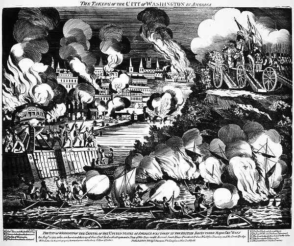 WASHINGTON BURNING, 1814. The taking of the city of Washington D. C. by the British forces on 24 August 1814. Wood engraving, English, 1814