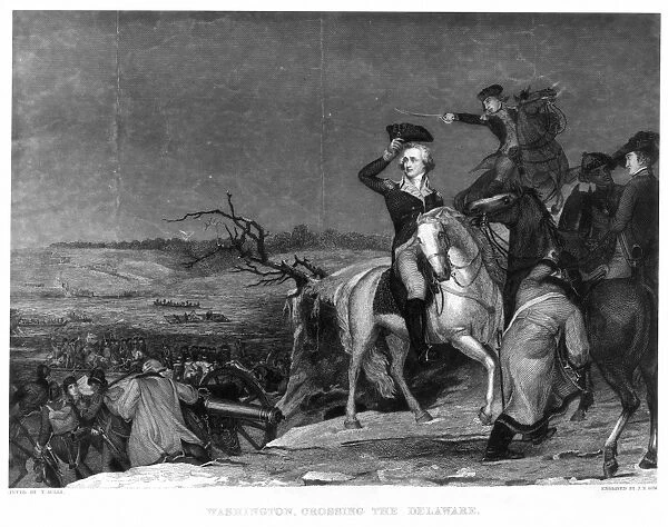 Washington Crossing the Delaware. General George Washington leading his troop across the Delaware River during the American Revolutionary War, 1776. Prince Whipple at right. Steel engraving, 1842, after a painting by Thomas Sully