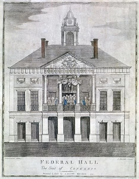 WASHINGTON: INAUGURATION. The inauguration of George Washington as the first president of the United States at Federal Hall, New York City, 30 April 1789. Line engraving by Amos Doolittle, 1790