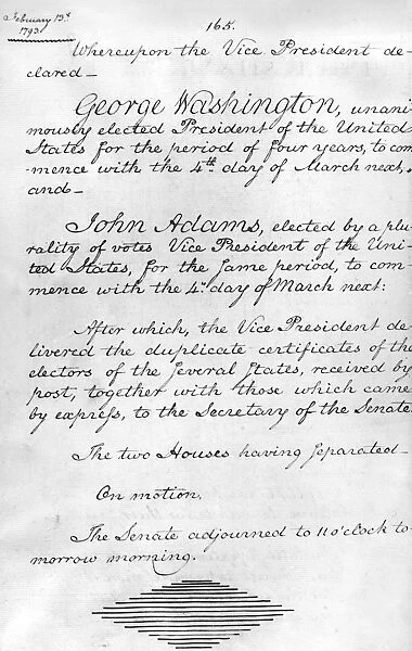 WASHINGTON: SENATE VOTE. Page from the U.s Senate Journal, dated February 13, 1793, in which George Washington is elected as president, with John Adams as his Vice President