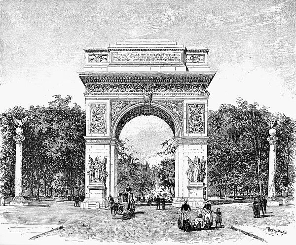 WASHINGTON SQUARE ARCH. The wooden arch in Washington Square, New York, designed by Stanford White for the centennary of George Washingtons inauguration as President in 1889. The arch was replaced by a marble version in 1895. Line engraving, 1891