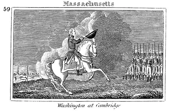 Washington taking command of the Continental Army, 3 July 1775, on the Common at Cambridge, Massachusetts. Copper engraving, American, 1829
