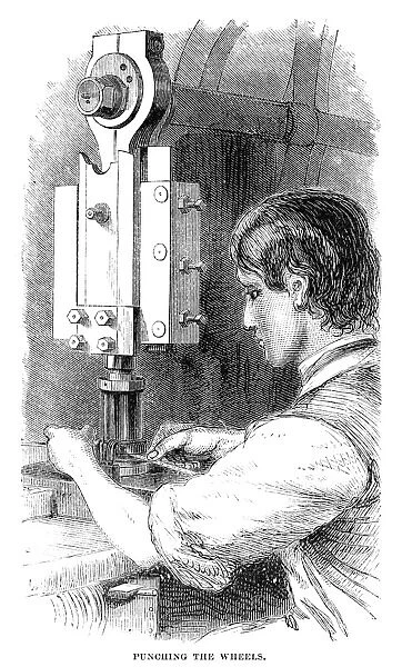 WATCHMAKER, 1869. An American watchmaker punching the wheels. Wood engraving, American