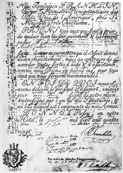 WATSON: PASSPORT, c1782. Passport issued to Elkanah Watson by Benjamin Franklin, from Passy, France, c1782