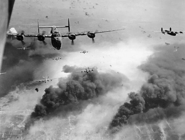 Waves of Liberator bombers photographed during an American raid on the oil refineries at Ploesti, Romania, May 1944, during World War II